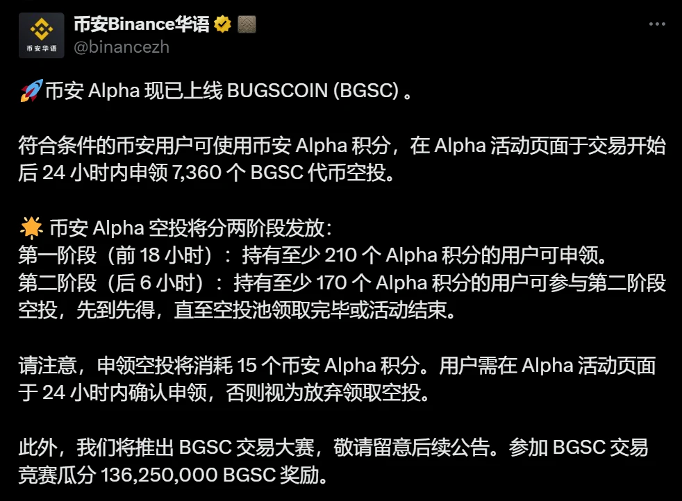 币安Alpha上线BUGSCOIN(BGSC) 空投分两阶段进行