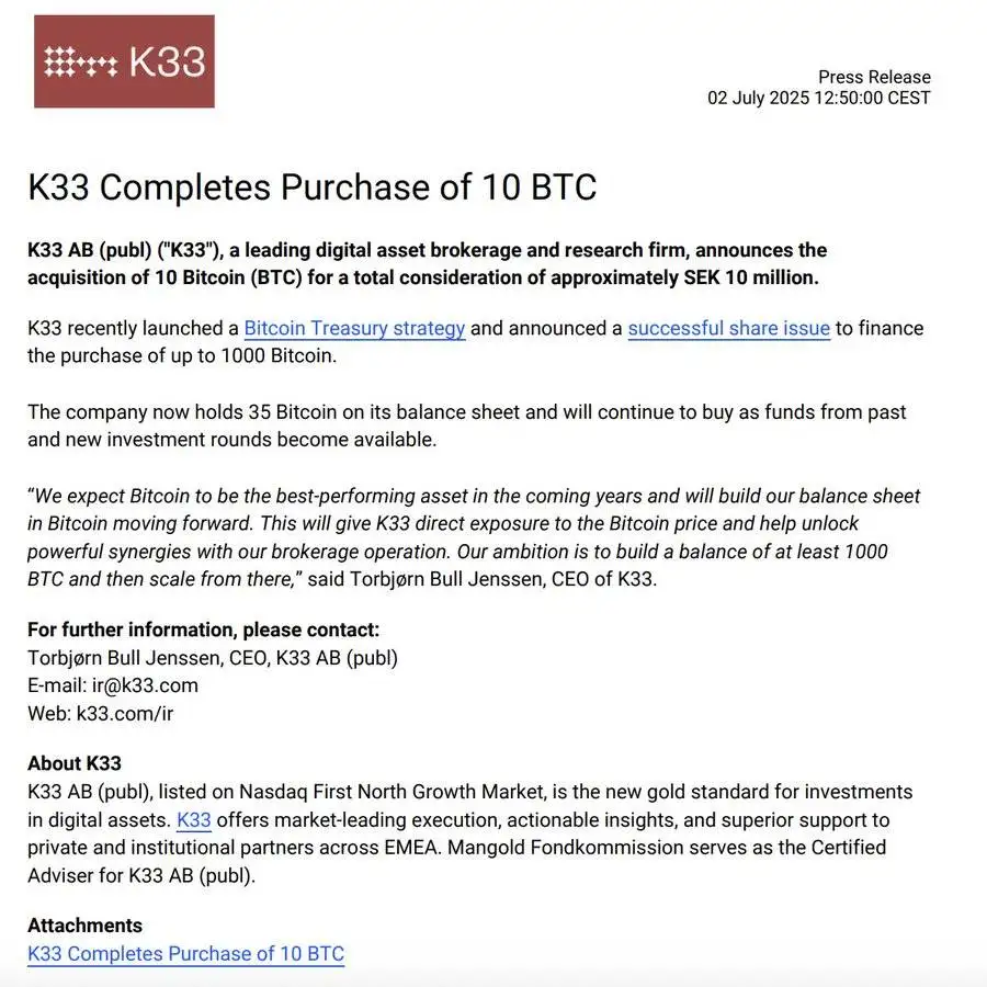 K33完成新一轮比特币增持