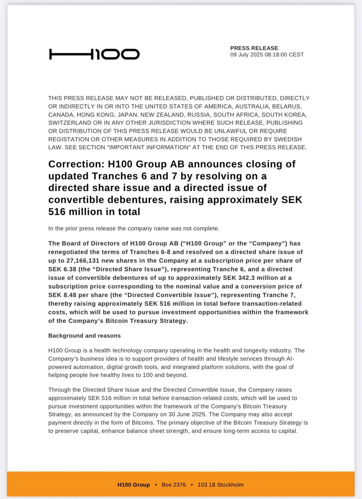 瑞典上市公司 H100 Group 通过第六、七轮融资集5400万美元