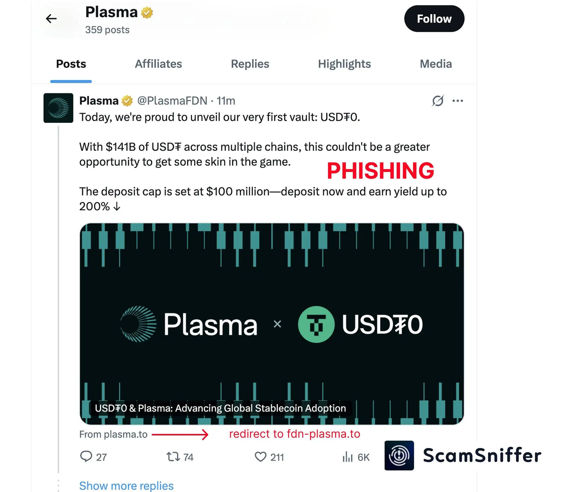 Scam Sniffer预警Plasma X账号遭黑客入侵