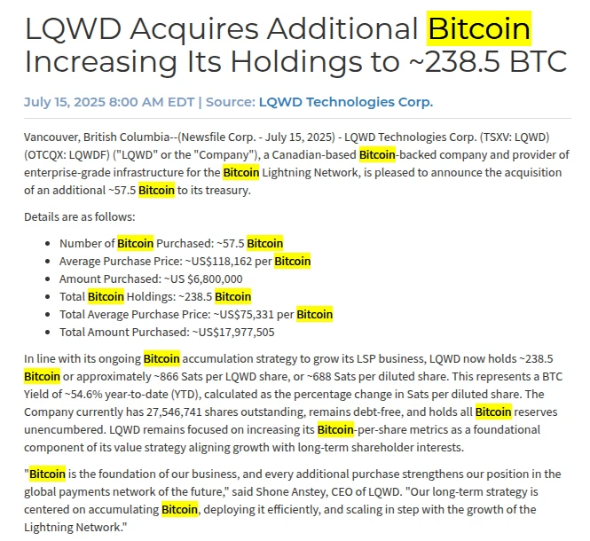 加拿大上市公司LQWD Technologies增持57.5枚BTC