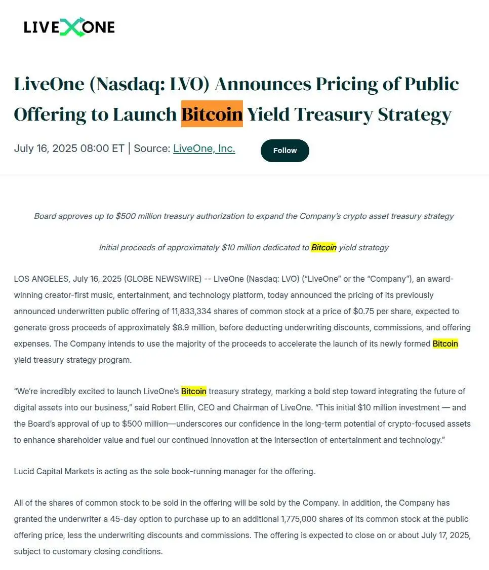 LiveOne启动890万美元公开募资用于比特币收益国库策略