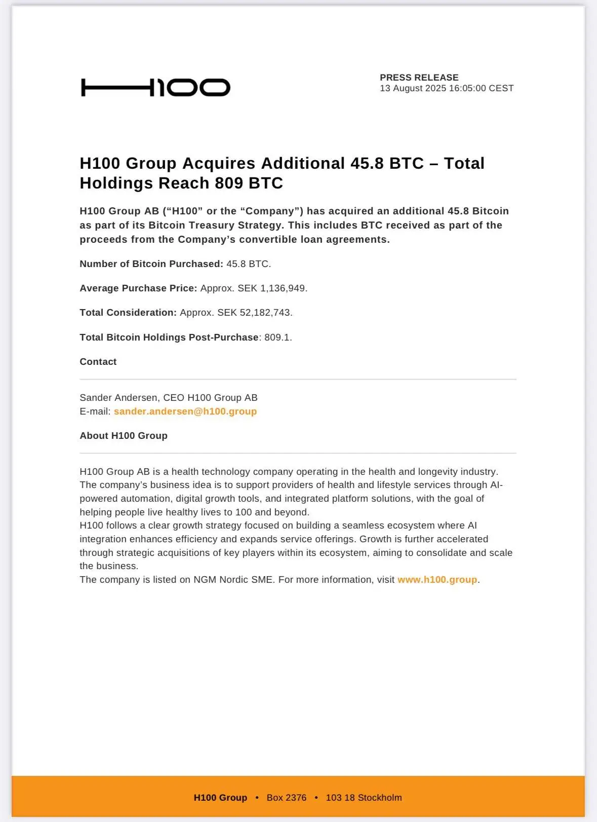 瑞典上市公司H100 Group增持比特币至809枚