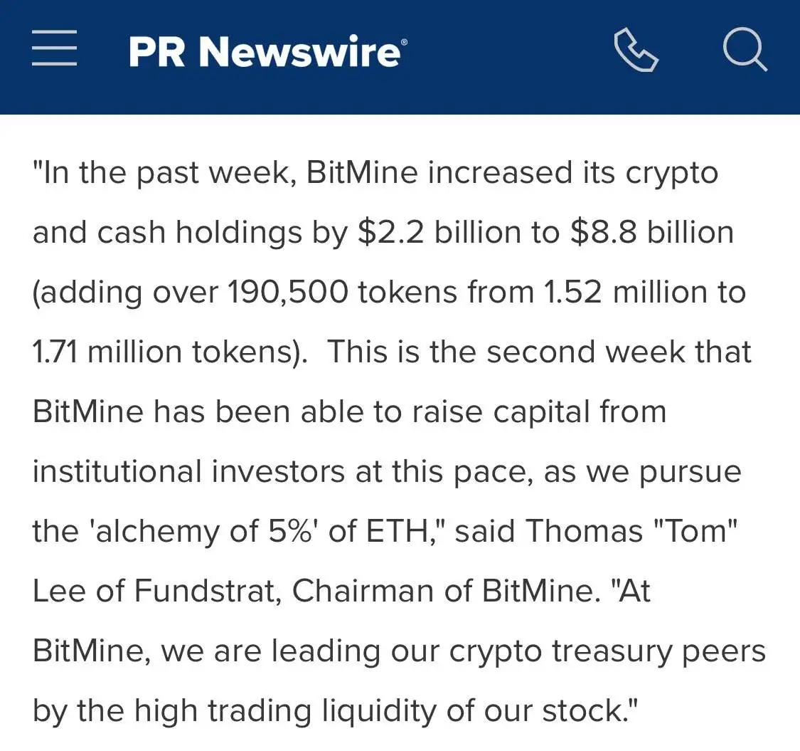 Bitmine加密资产持仓突破88亿美元 连续两周加速布局ETH生态