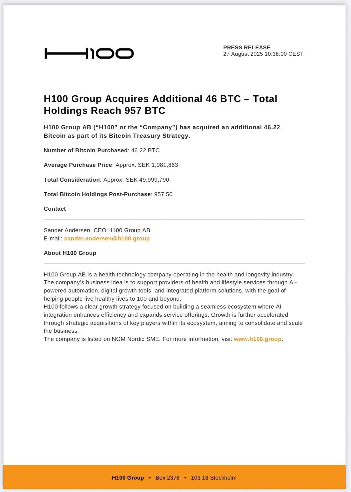 瑞典H100 Group新增购入46枚比特币，总持仓达957枚