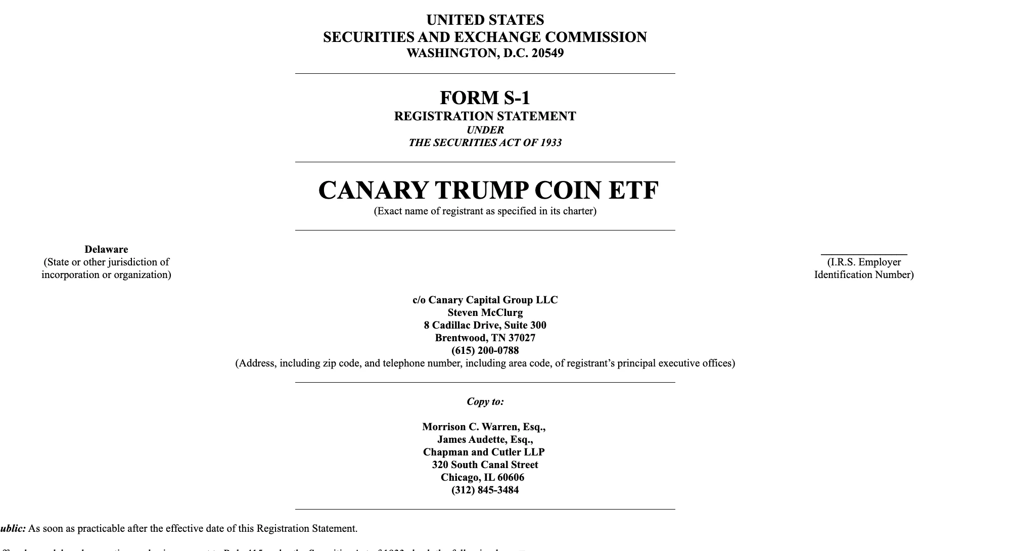 Canary Capital提交TRUMP ETF申请
