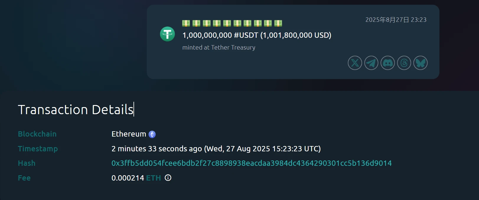 Tether Treasury在以太坊链新增铸造10亿枚USDT