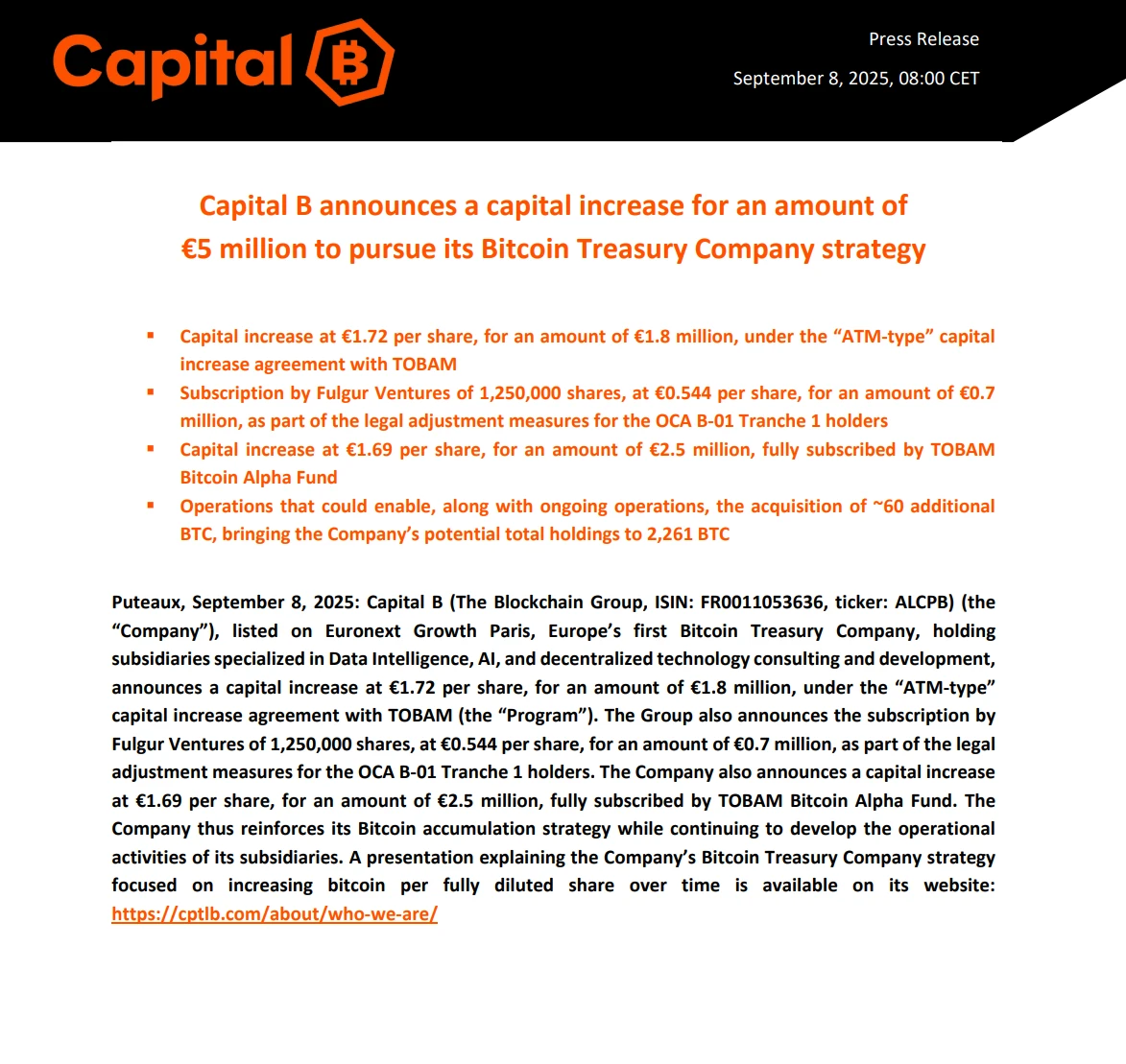法国上市公司Capital B完成580万美元募集用于增持比特币